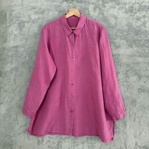 Eileen Fisher Organic Linen Shirt Womens Classic Shirt Button Up Tunic Pink L**